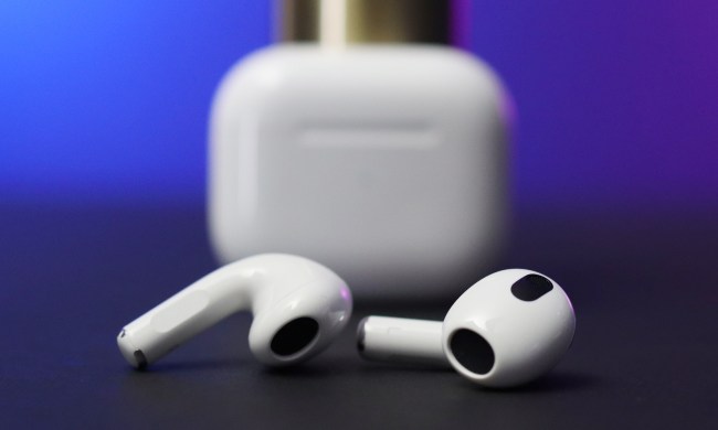 The third-generation Apple AirPods, outside of their charging case.