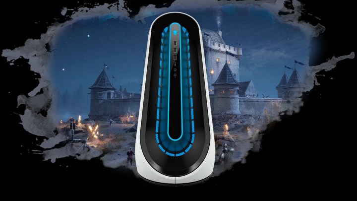 Alienware Aurora R12 gaming desktop displayed in front of a fantasy castle scene from a video game.