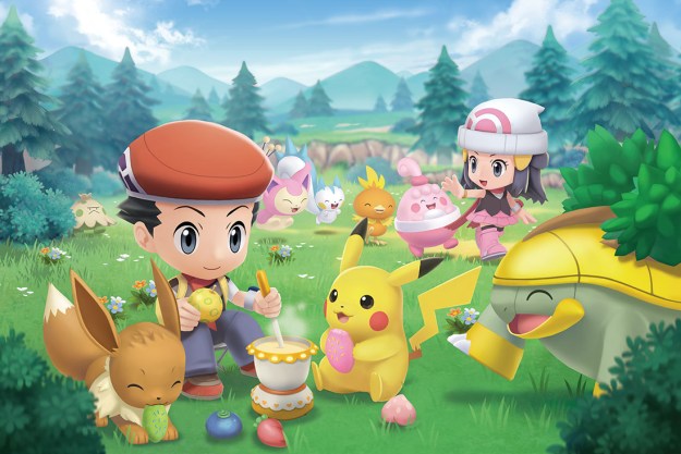 Pokémon Brilliant Diamond and Shining Pearl promo image showing trainers relaxing with their Pokémon in Amity Square.