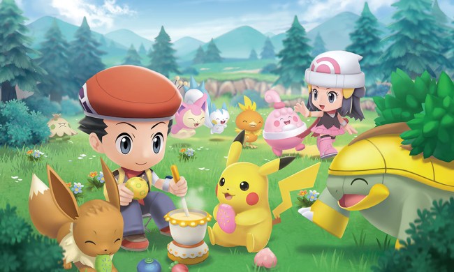 Pokémon Brilliant Diamond and Shining Pearl promo image showing trainers relaxing with their Pokémon in Amity Square.