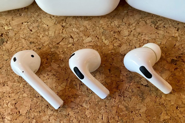 AirPods 3, AirPods, and AirPods Pro side by side.
