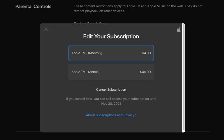 Apple TV+ Website Cancel screen.