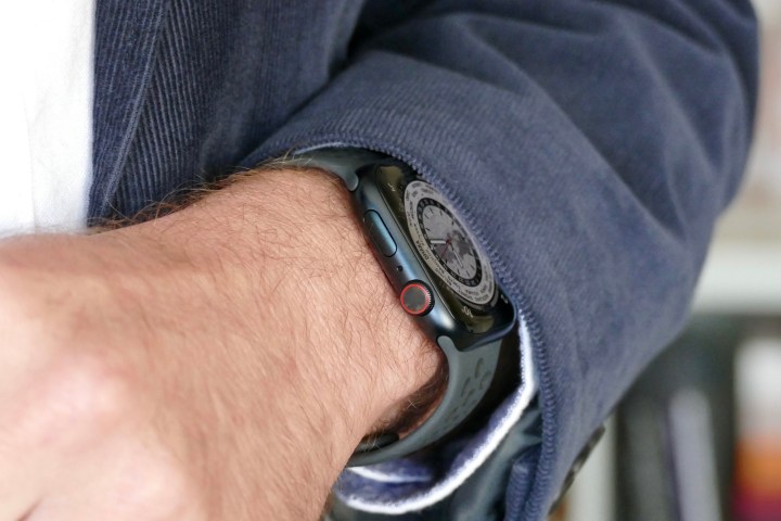 Apple Watch Series 7 from the side on someone's wrist.