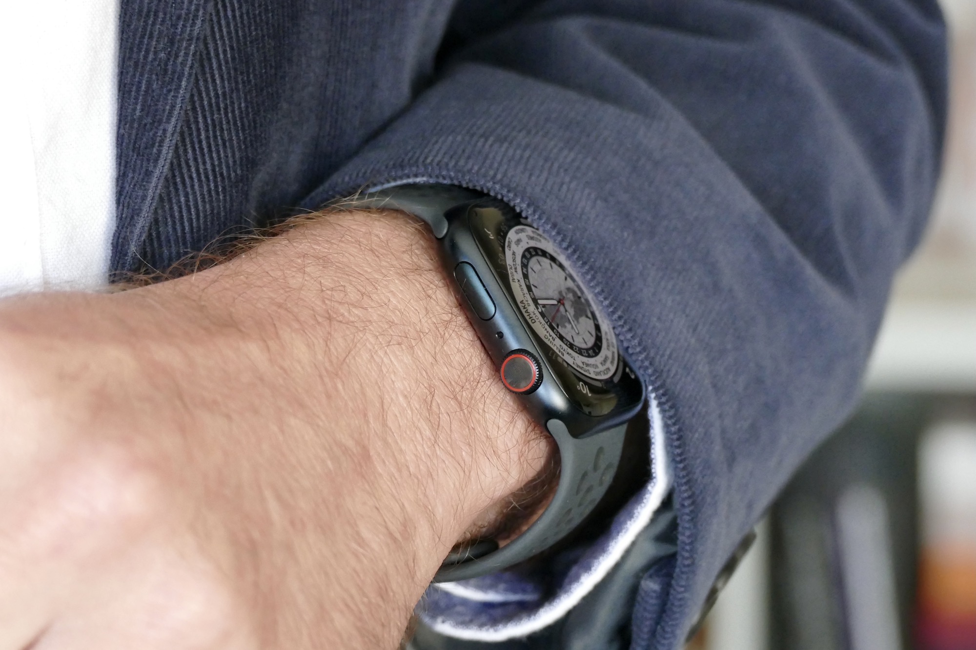 Apple Watch Series 7 from the side on someone's wrist.