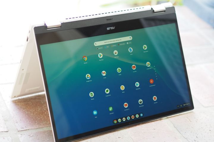 The Asus Chromebook Flip CX 5 flipped in tent mode.
