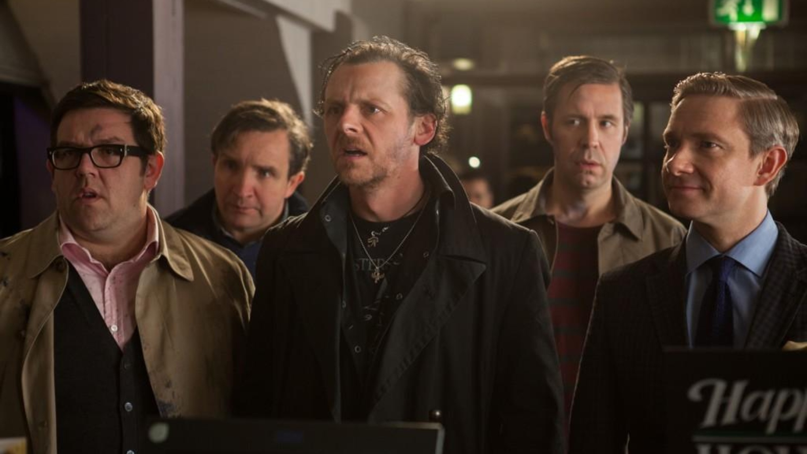 Nick Frost, Eddie Marsan, Simon Pegg, Paddy Considine e Martin Freeman em O Fim do Mundo.