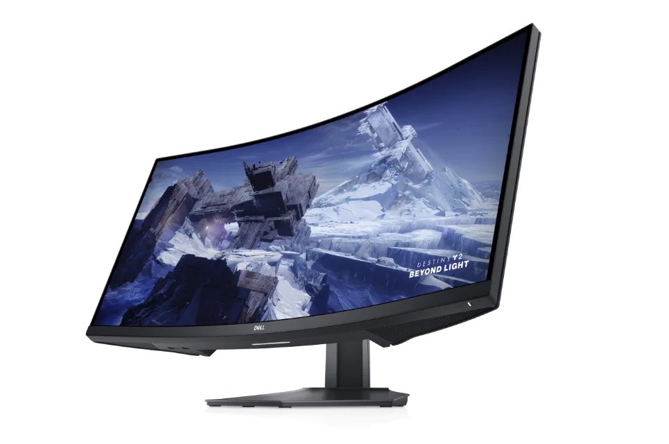 Dell 34 Curved Gaming Monitor at an angle displaying a video game scene.