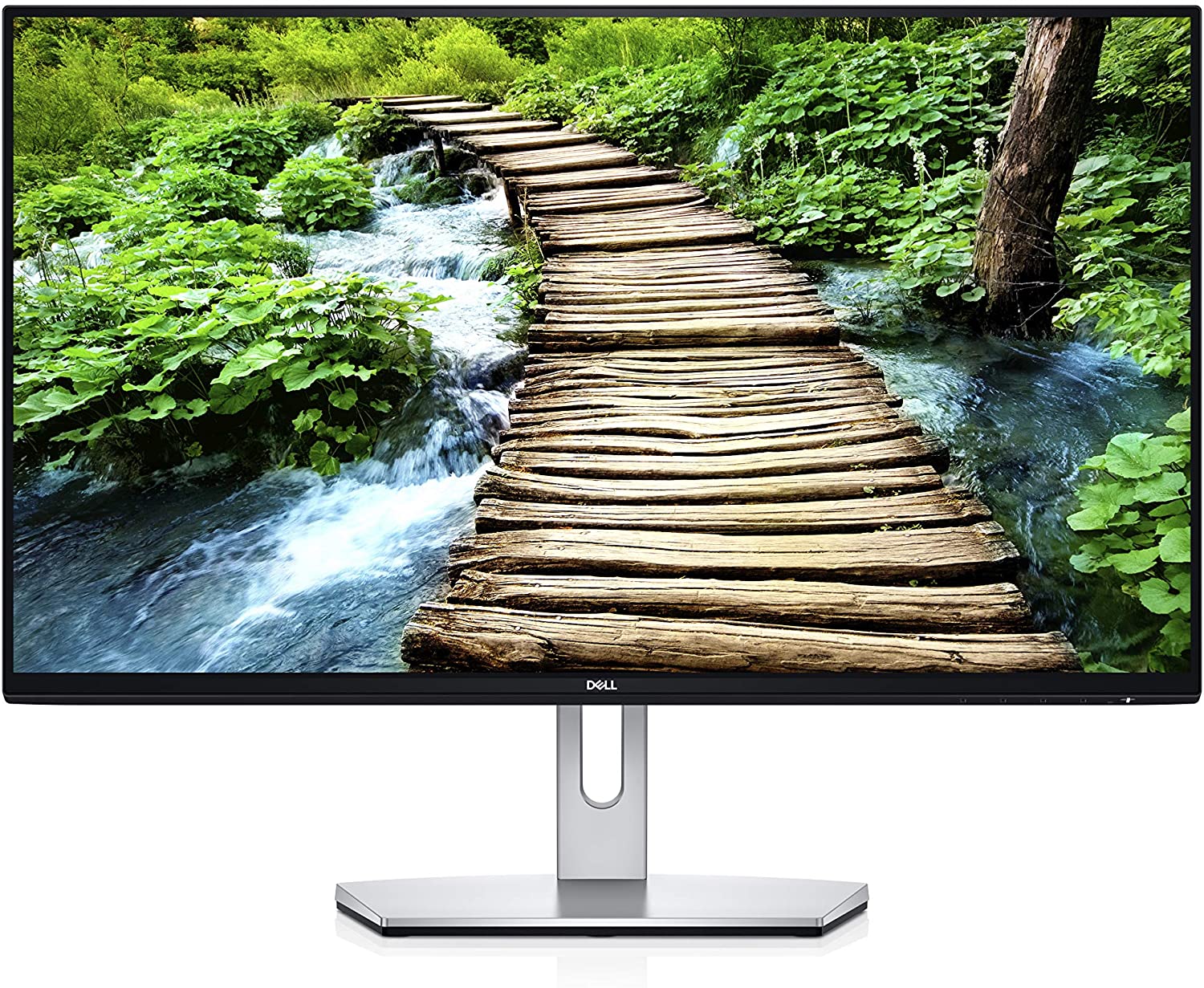 The Dell S2419H S Series monitor featuring a desktop background with a nature scene.