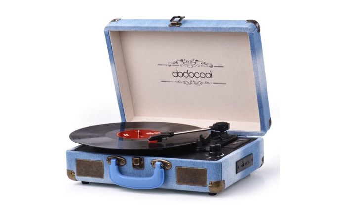 The Dodocool portable record player in blue.