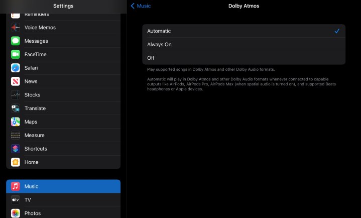 Configurações de áudio Dolby Atmos no iPad.