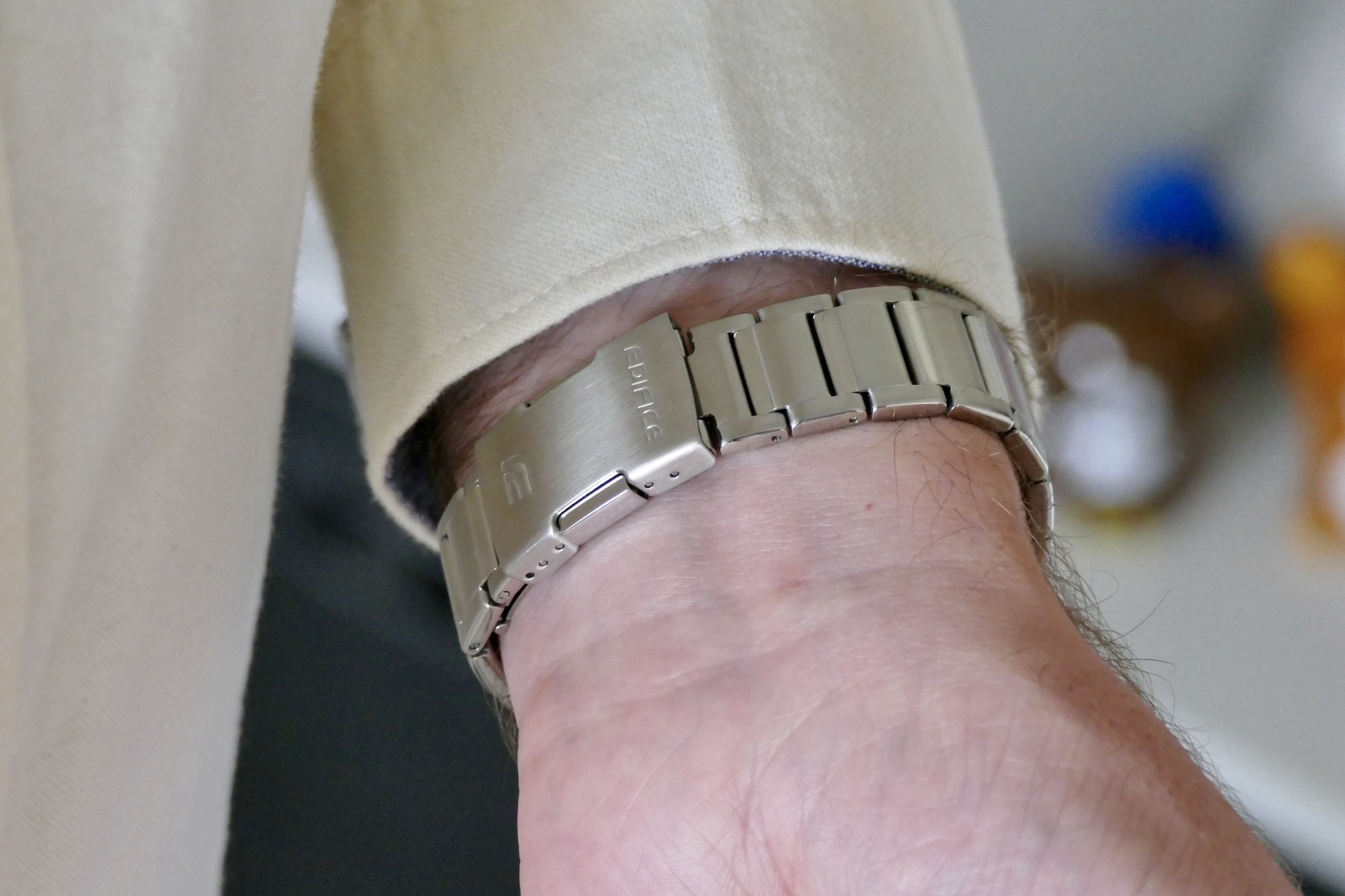 The bracelet clasp on the Casio Edifice EQB-1100.