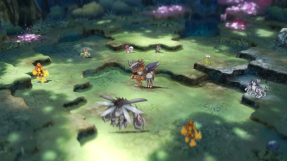 Un campo de batalla repleto de monstruos en Digimon Survive.