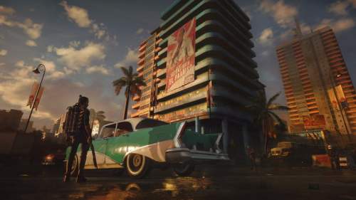 A car and a big building in Far Cry 6.