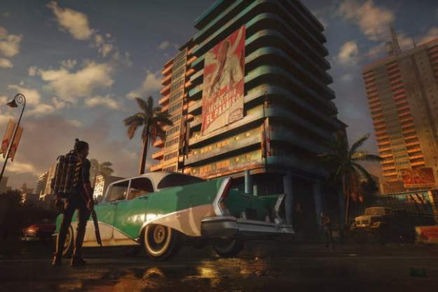 A car and a big building in Far Cry 6.