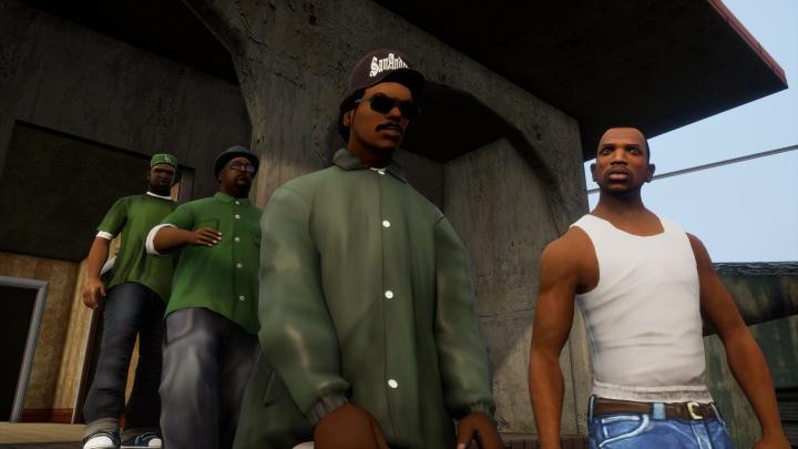 Characters stand together in the remastered edition of Grand Theft Auto: San Andreas.