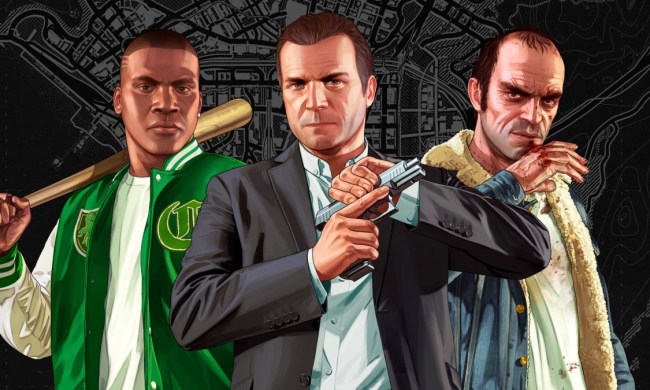 The main characters of Grand Theft Auto V stand side-by-side.