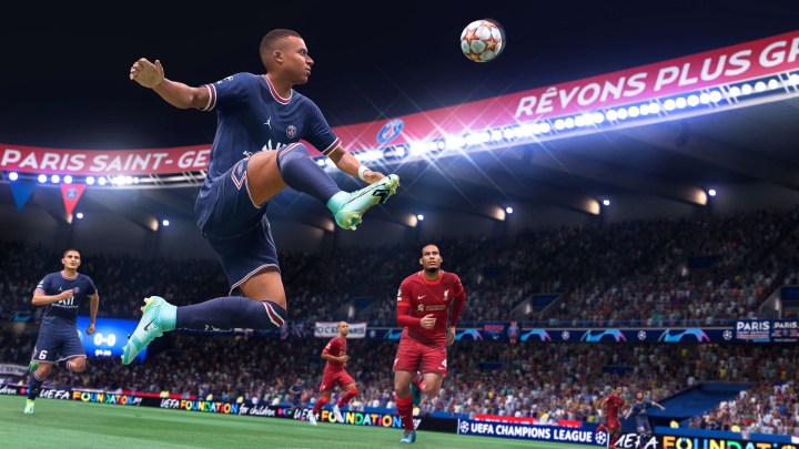 A player shoots for the goal in FIFA 22.