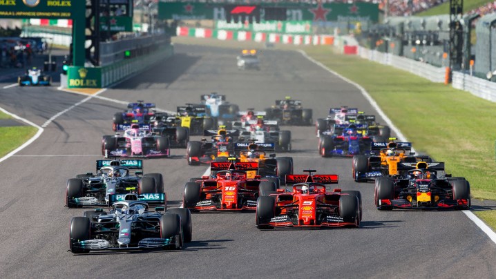 A pack of cars racing in Formula 1: Drive to Survive.