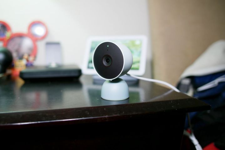 Google Nest Cam Indoor Wired on table.