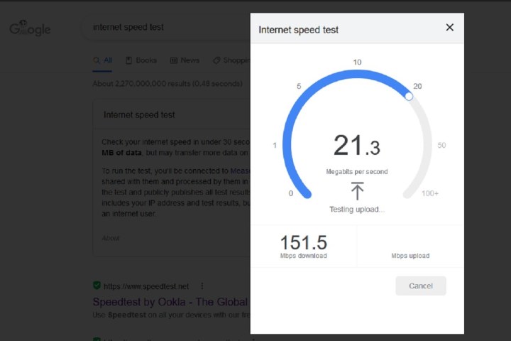 A screenshot showing Google's search engine internet speed test in use.