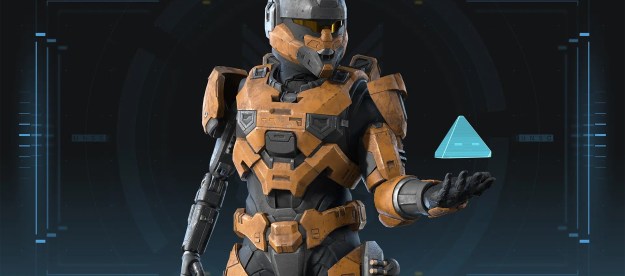 A Spartan in Halo Infinite holding their AI companion.