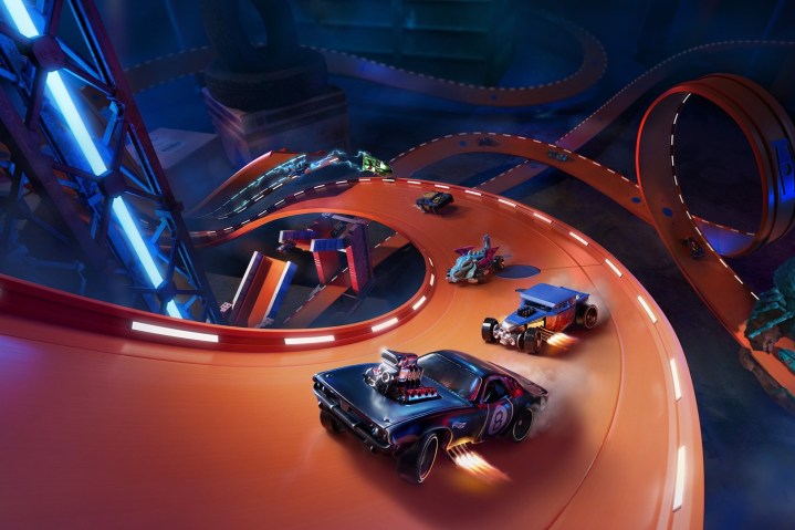 Cars racing on orange track in Hot Wheels Unleashed.