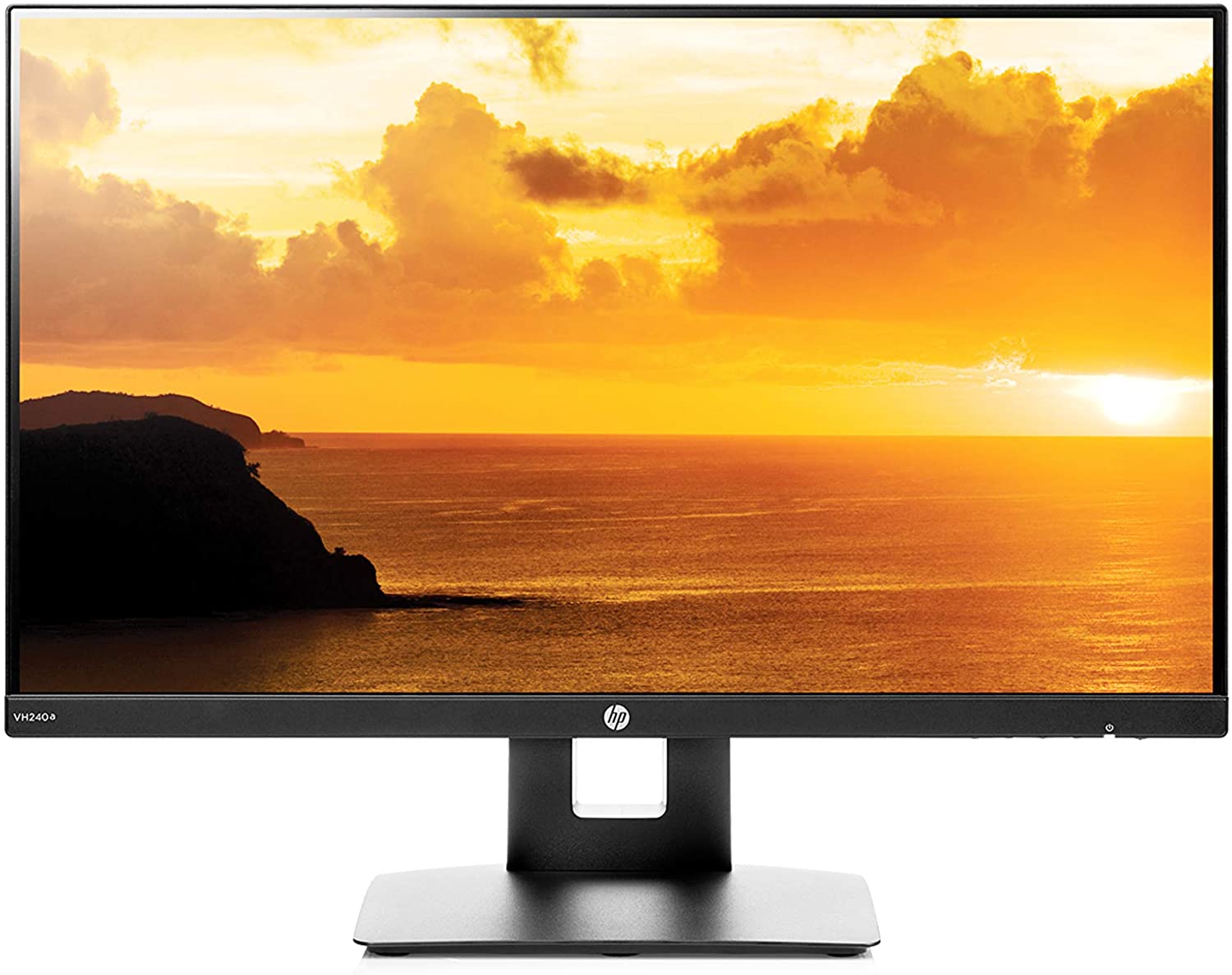 The HP VH240a monitor featuring an ocean sunrise desktop background on its screen.
