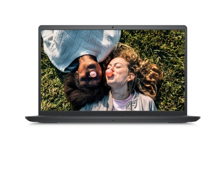 Dell Inspiron 15 on a white background facing the front and featuring an image of two happy people.