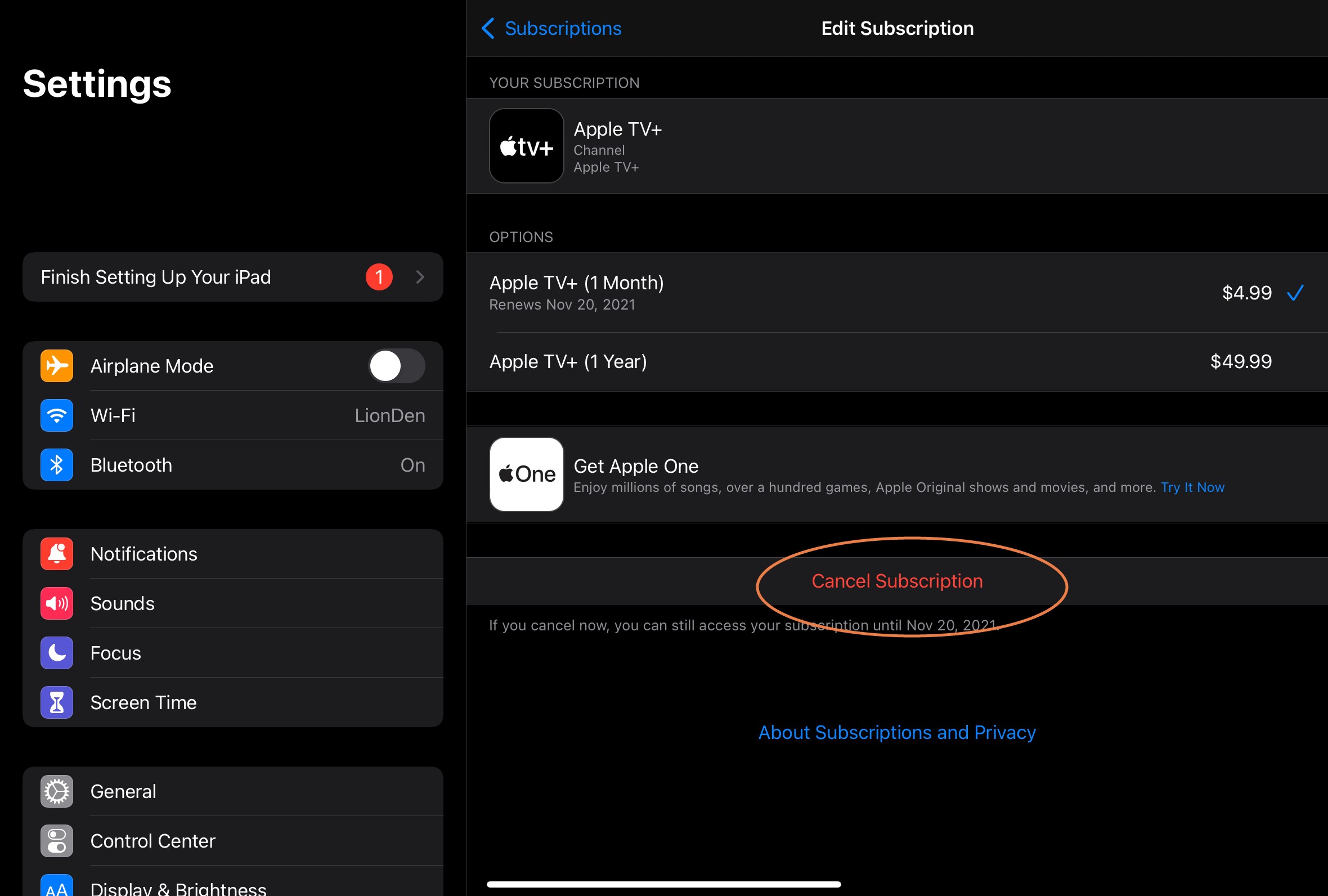 Cancelamento de assinatura do Apple TV+ no iPad.