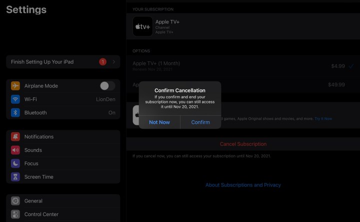 Confirming cancellation on an iPad.