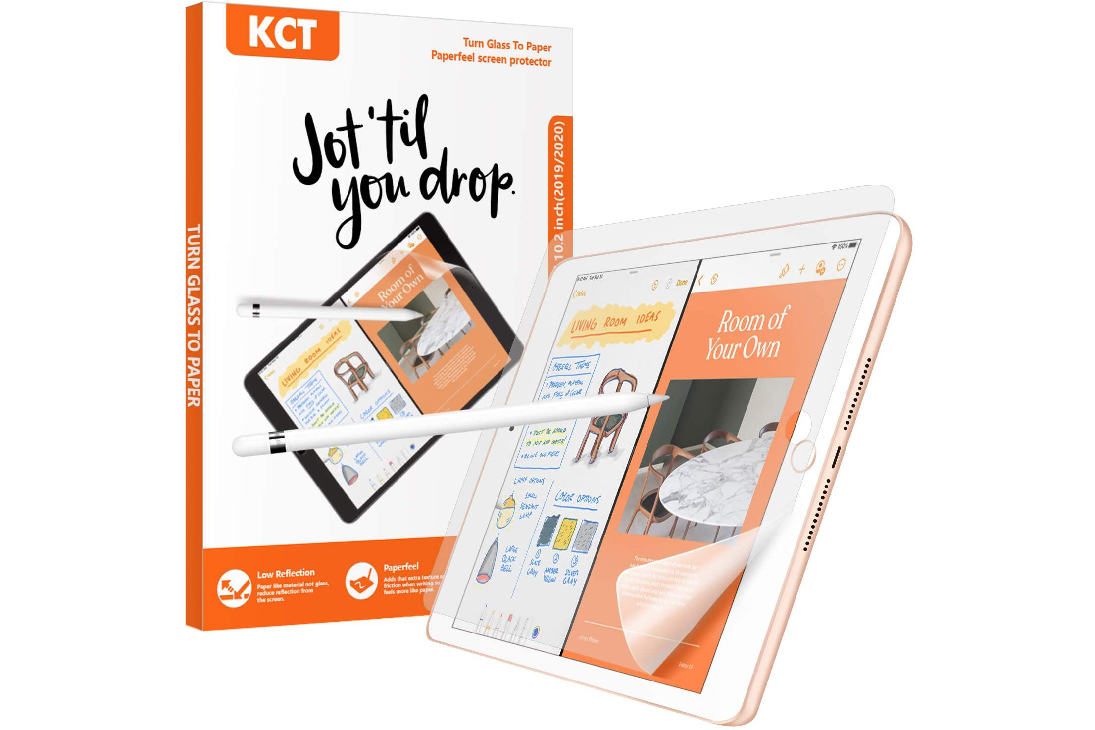 Protector de pantalla KCT Paperfeel con iPad y empaque.