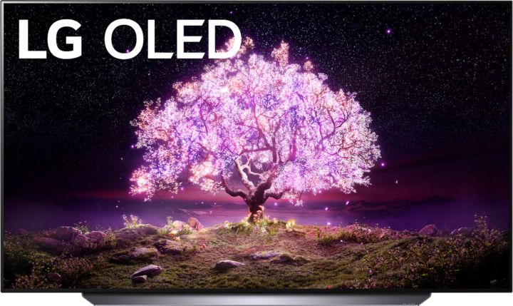 LG 65inch OLED 4K TV with glowing purple tree on the screen, on a white background.