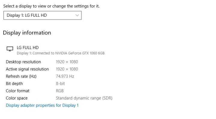 Checking monitor refresh rates in Windows 10.