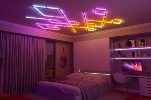 Nanoleaf Lines lights installed on the ceiling in a bedroom.