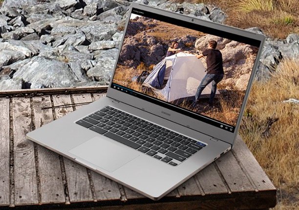 The Samsung Chromebook 4+ on an outdoor table.