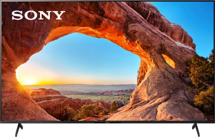 Sony 65 inch 4K smart tv with image of Arches National Park on screen, on a white background.