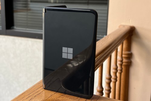 The Microsoft Surface Duo 2 rests on a staircase railing because: right angles.