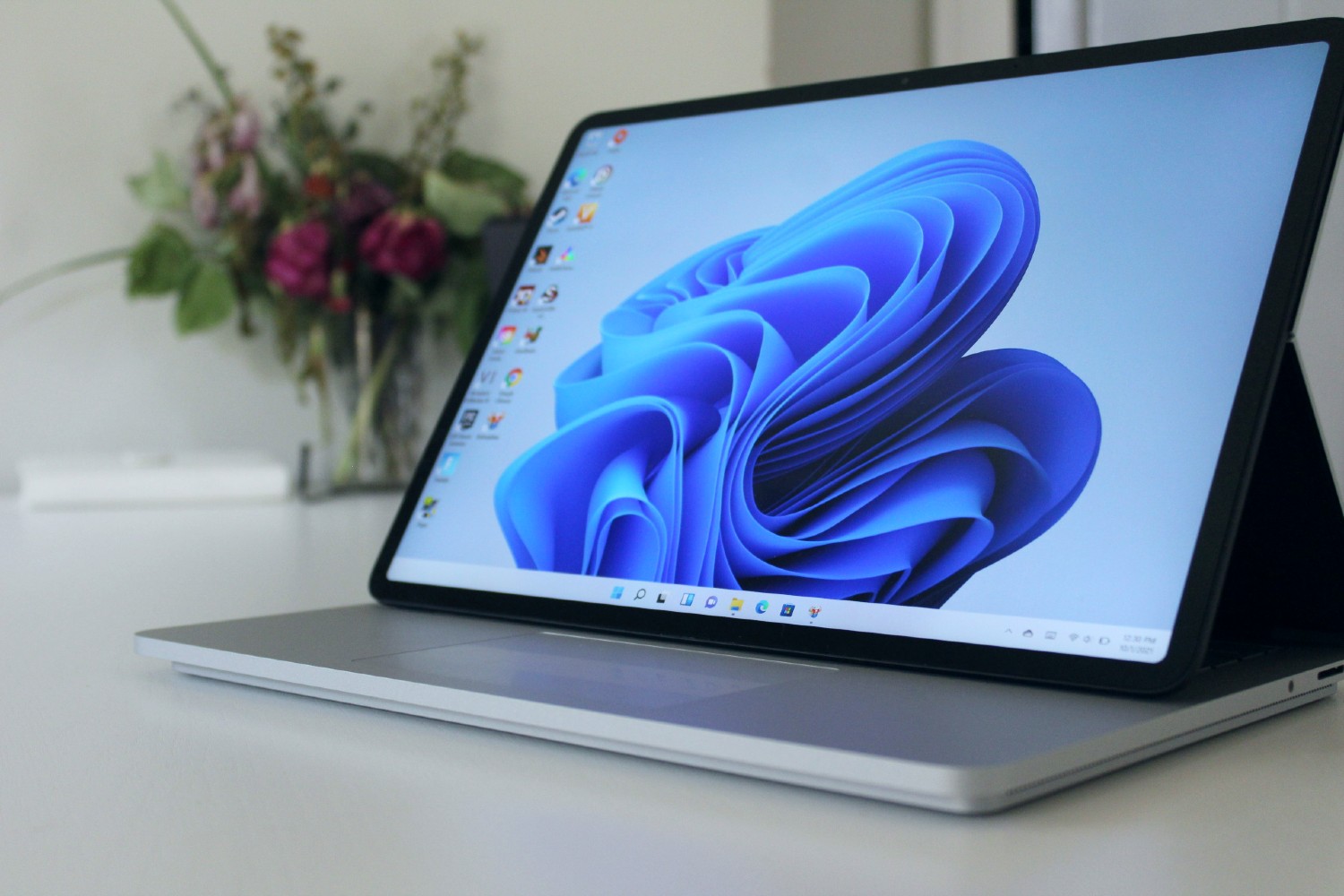 The Surface Laptop Studio pulled forward in Stage Mode.