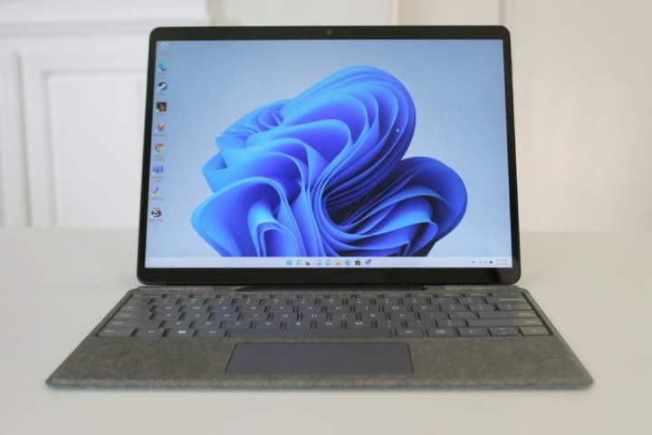 The front view of the Surface Pro 8 shows the screen and keyboard.