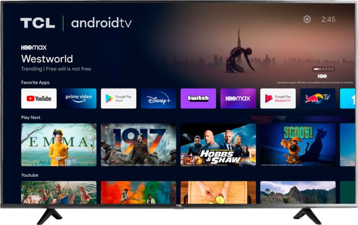 TCL Android 65 inch 4K smart TV displaying various streaming services on a white background.