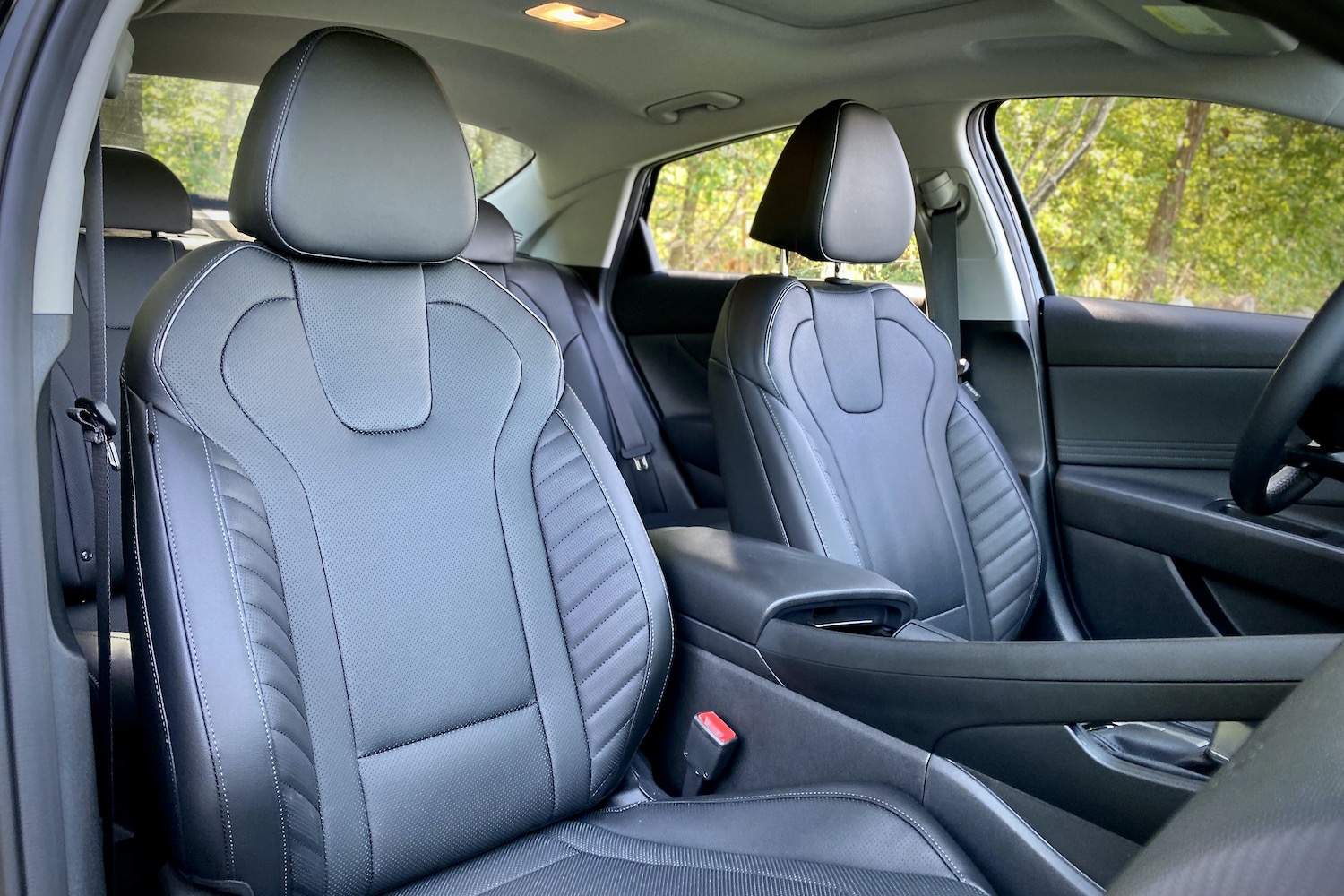 Front passenger seat in the 2021 Hyundai Elantra Hybrid from the front.