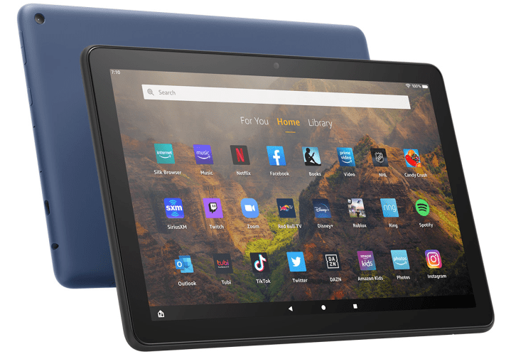 Amazon Fire HD 10 tablet placed at a side angle on a white background.