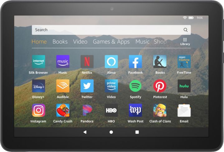 The Amazon Fire HD 8 tablet shows the home screen.