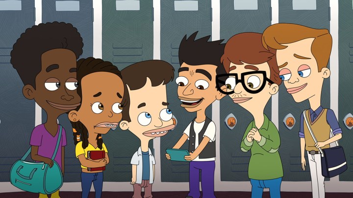 Six young boys standing around a locker, looking at a phone in a scene from Big Mouth on Netflix.