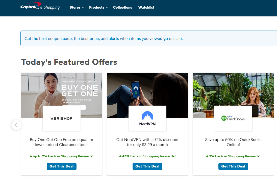 Uma captura de tela do site Capital One Shopping mostrando as ofertas do dia.