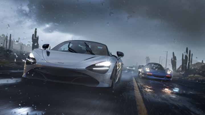 Cars driving in rain in Forza Horizon 5.