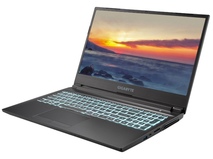 Gigabyte G5 gaming laptop with sunset view on screen.