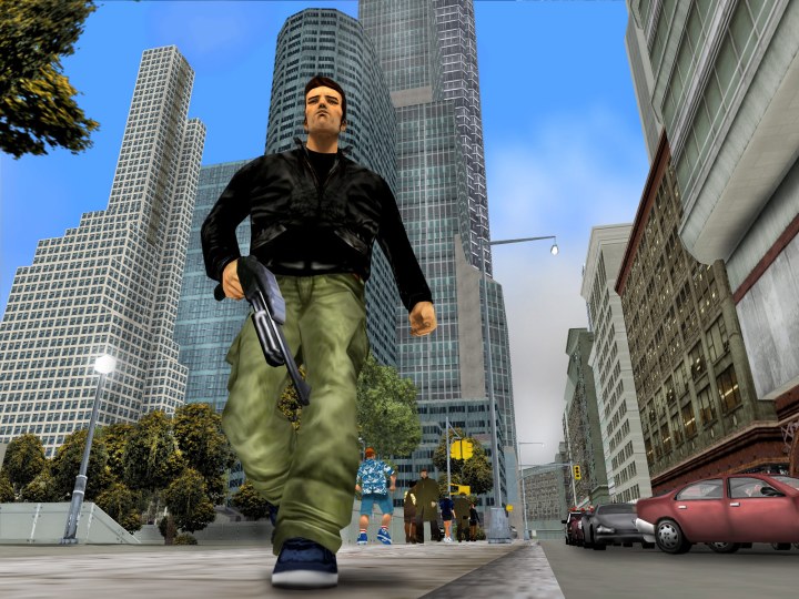 The main character from GTA 3 walking with a gun.