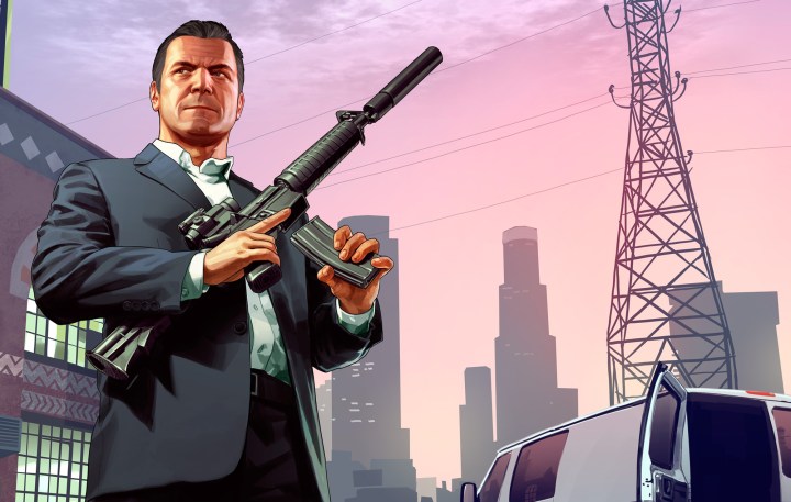 Michael from Grand Theft Auto V holds an assault rifle in an illustration.