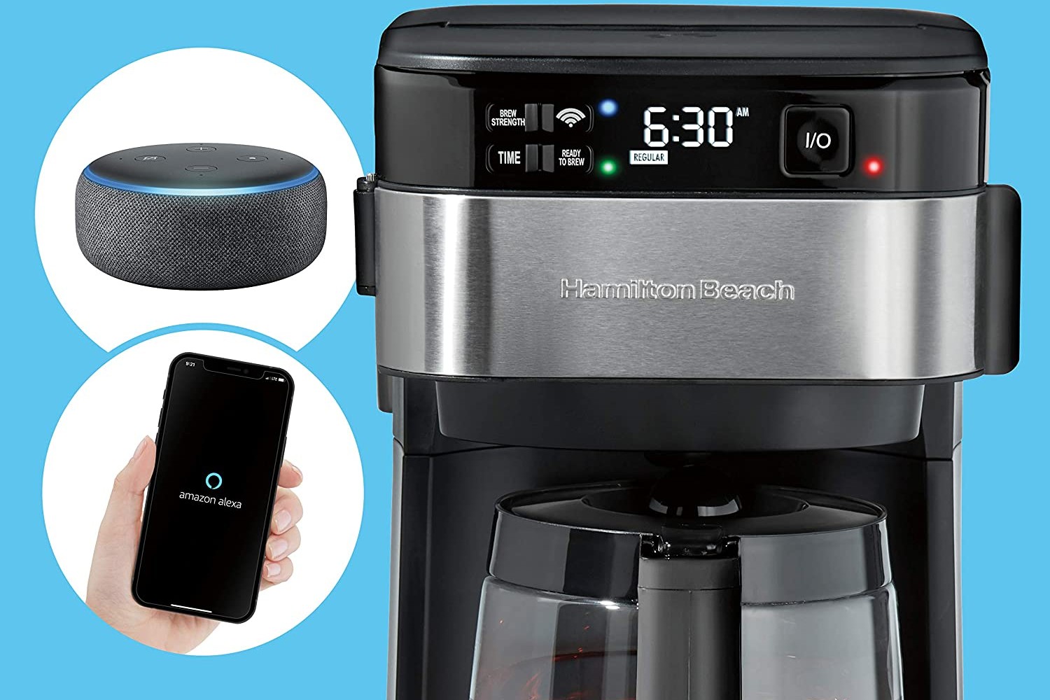 Hamilton Beach Alexa Coffee Maker with an Amazon Echo Dot and app connectivity. 